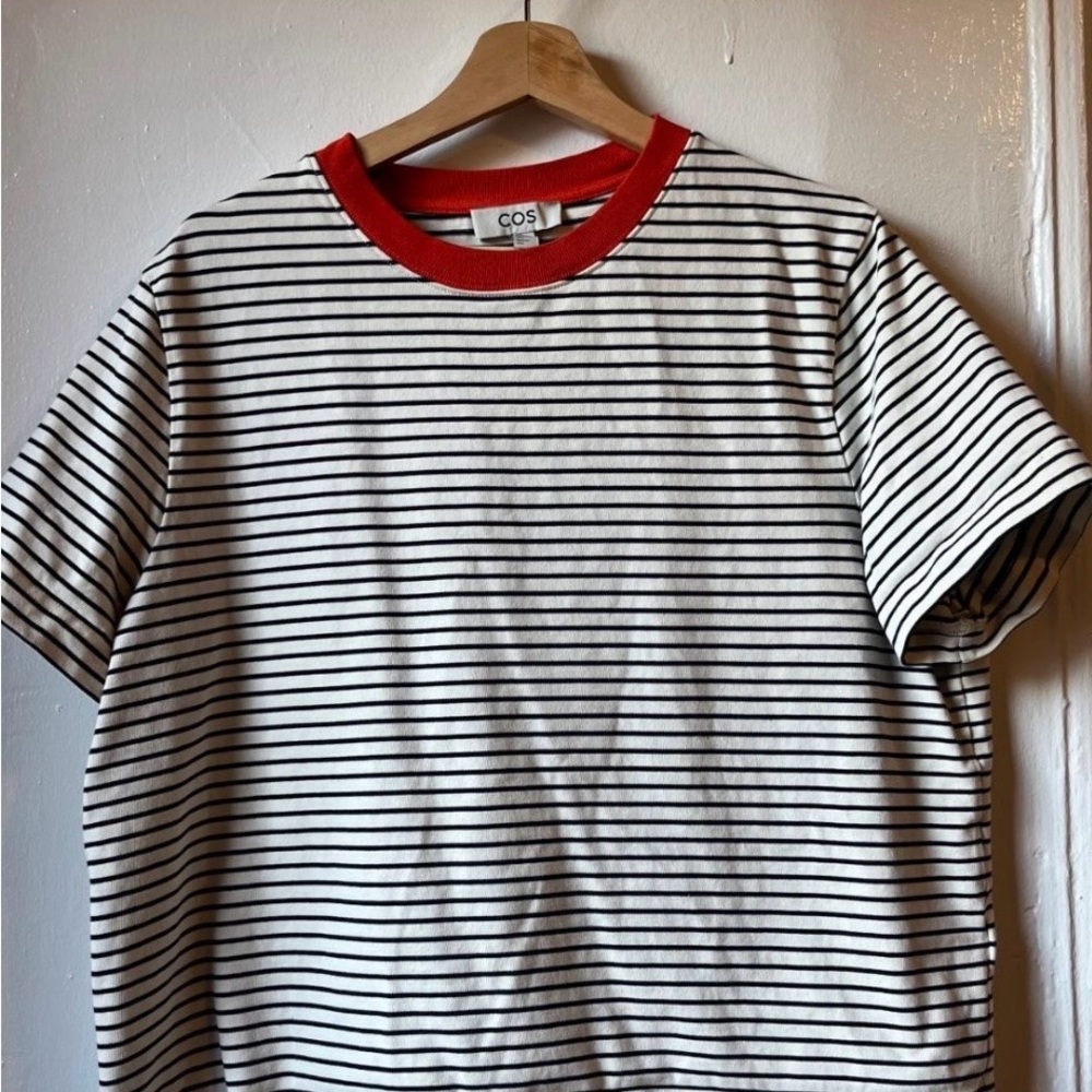 COS Black and White Striped Short Sleeve Tee with Red Trim